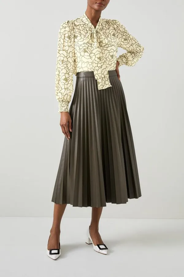 Cream Floral Print Tie Neck Long Sleeve Blouse