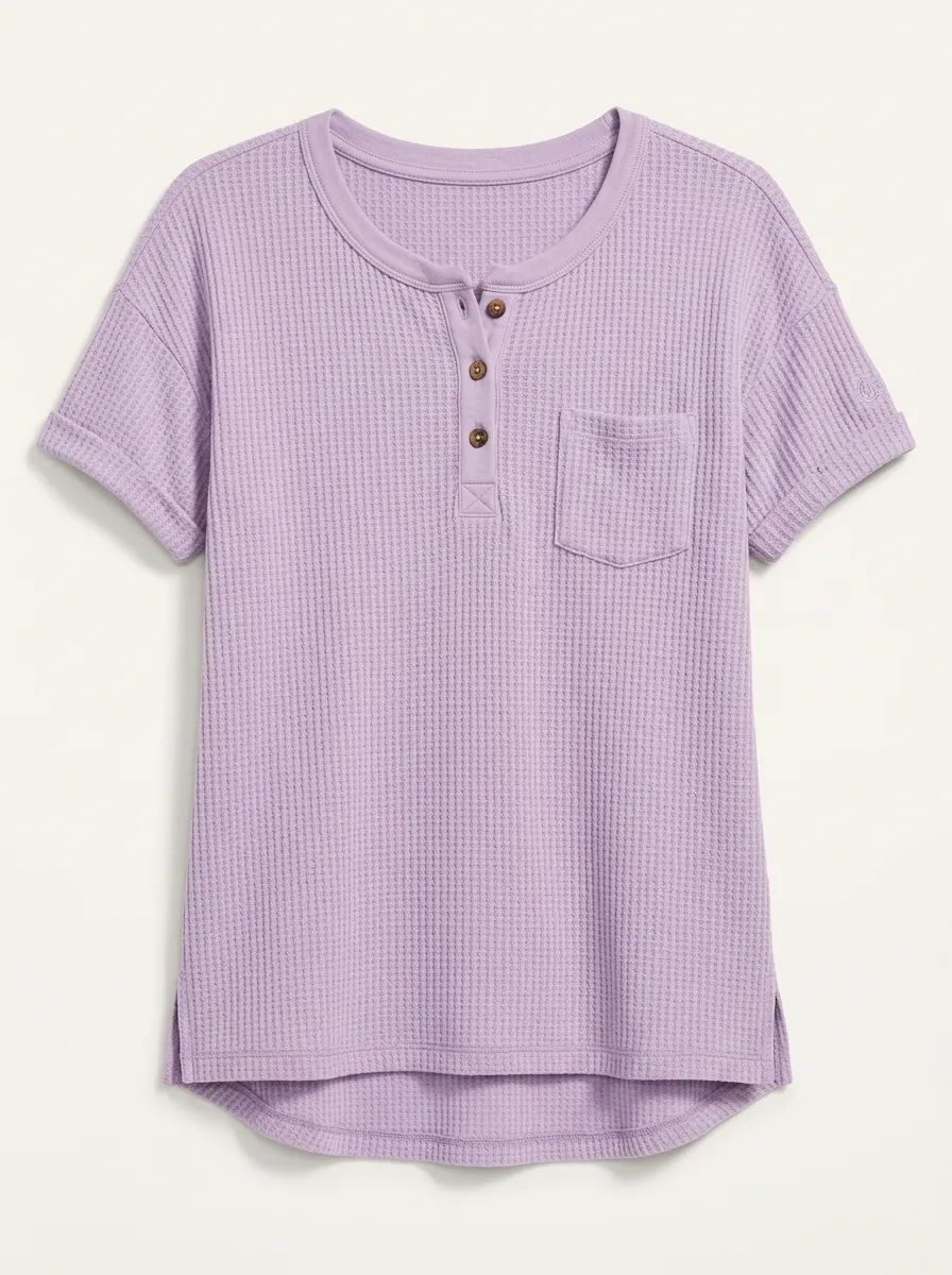 Women's Pink Waffle Knit Button Henley Pocket Top