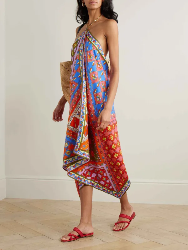 Asymmetric Print Halter Neck Midi Dress
