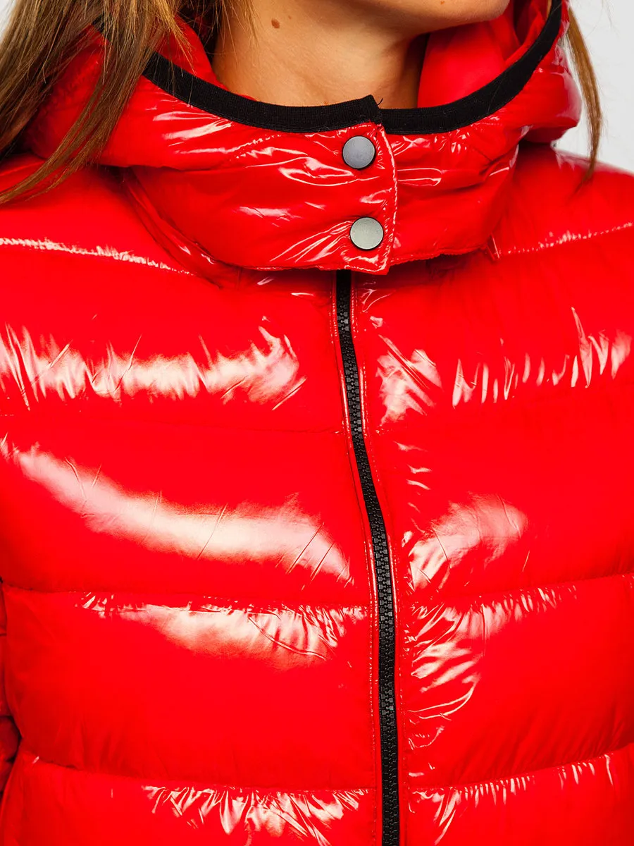 women's red quilted winter jacket with hood