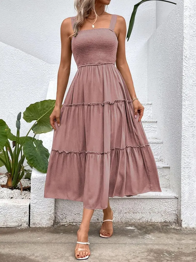 Women'S Frill Trim Ruffle Hem Shirred Backless Sundress Cami Dress, Sleeveless A Line Long Dress, Women'S Clothing For Summer Beach Holiday, Boho Clothes Women, Vintage Girly Clothes,