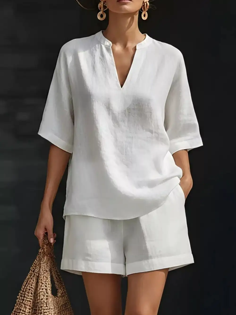 Notched Half Sleeve Top and Shorts Set