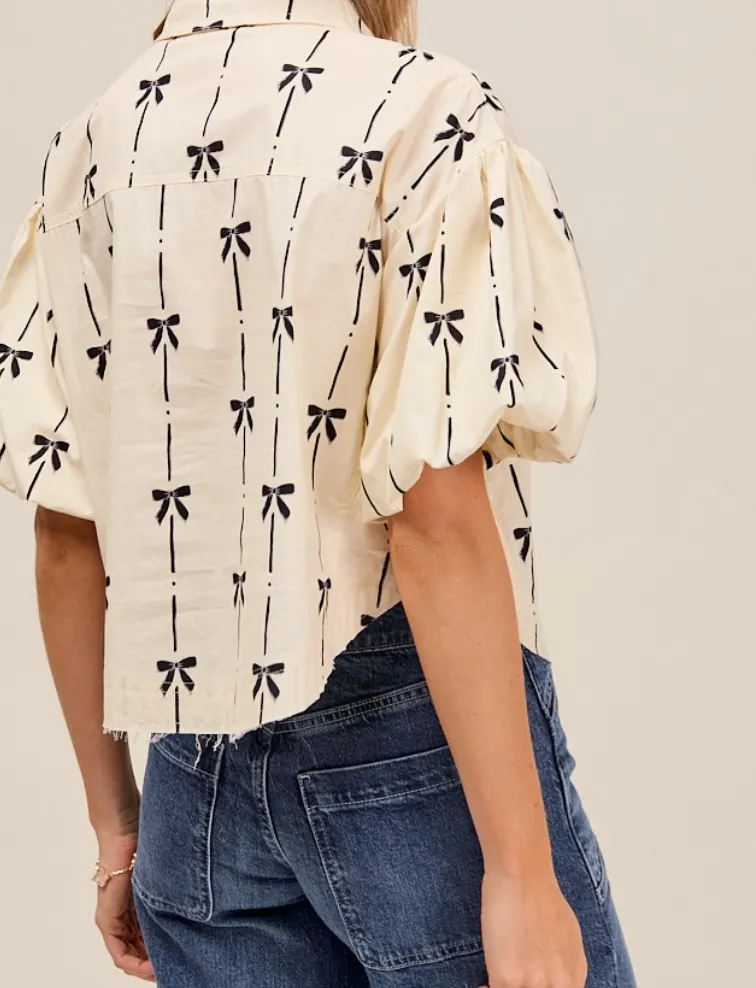 Bow Detail Button Front Puff Top