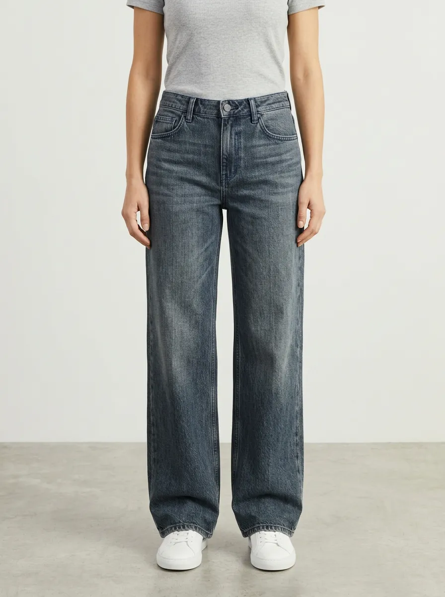 Women's Mid-Rise Whiskered Five-Pocket Wide-Leg Denim Jeans