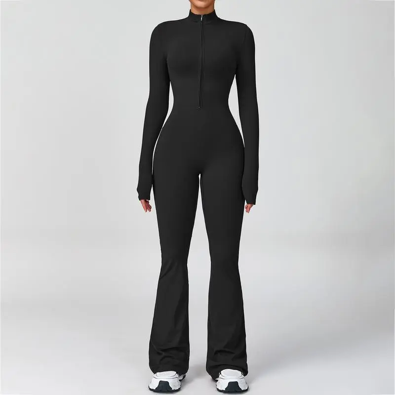 Women's Long Sleeve Flared Sports Jumpsuit - Zipper Jumpsuit, Wide Leg Bodysuit, Sexy One-Piece Yoga Jumpsuit