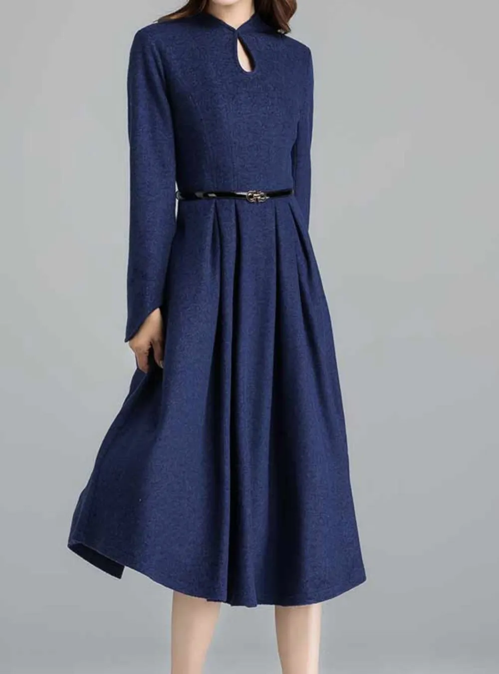 Classic Wool Blend A Line Pleated Long Sleeve Midi Dress