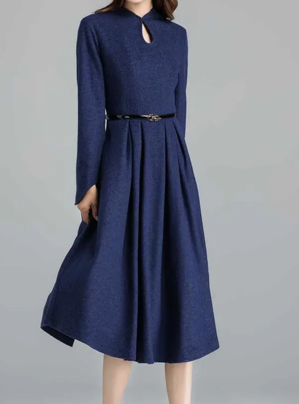 Classic Wool Blend A Line Pleated Long Sleeve Midi Dress