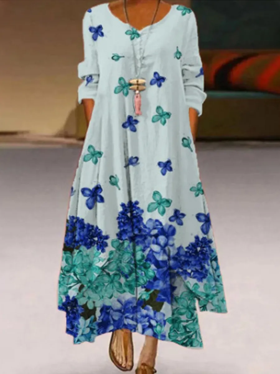 V-neck Loose Casual Floral Print Long Sleeve Maxi Dress