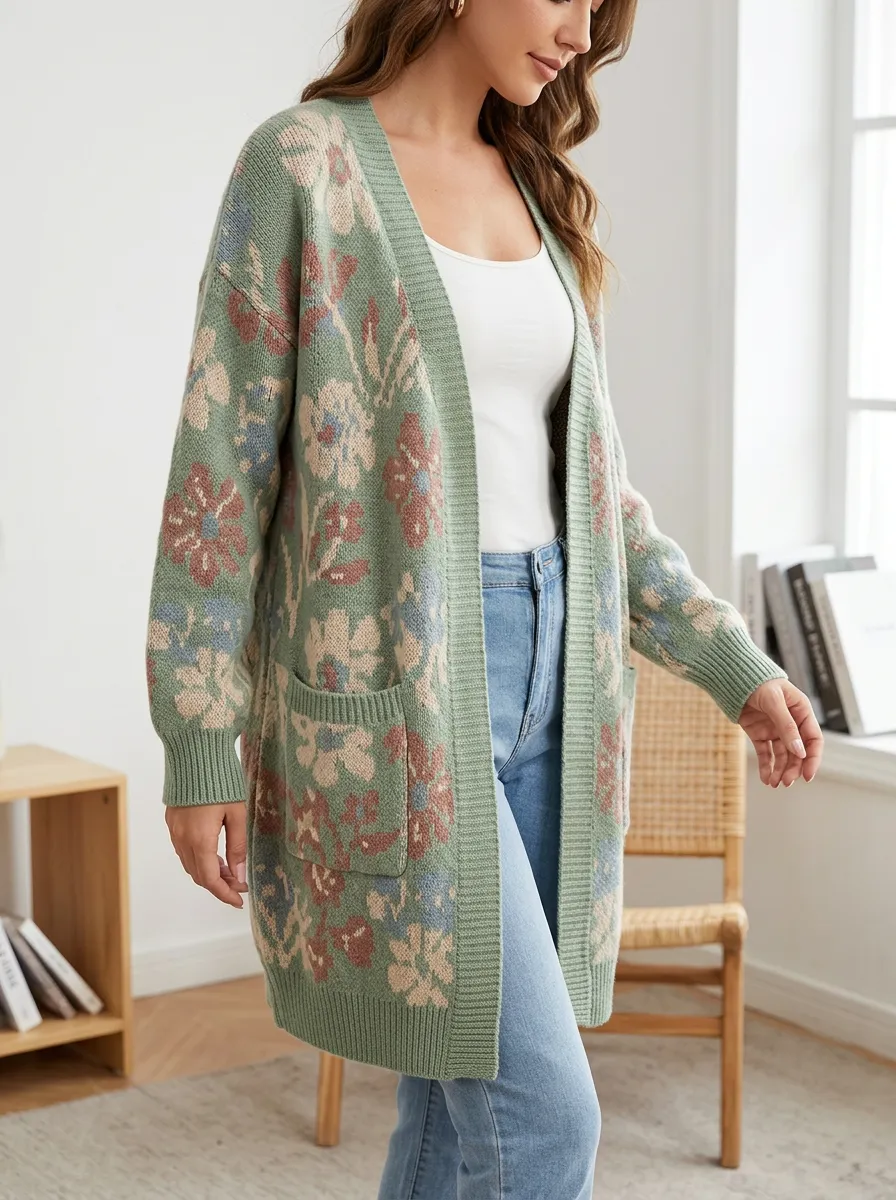 Women's Vintage Floral Pattern Knit Long Cardigan