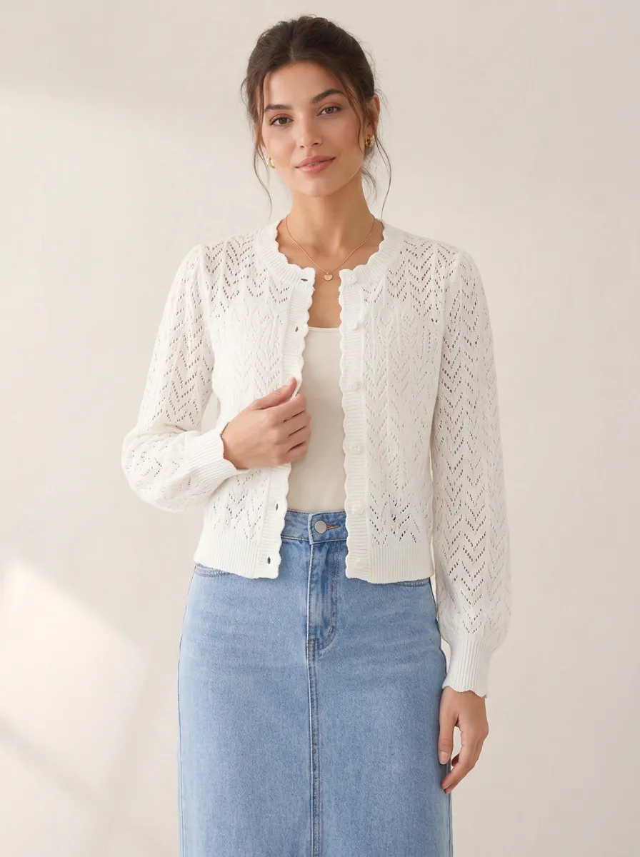 Women's Casual Elegant White Crochet Knit Button Up Cardigan