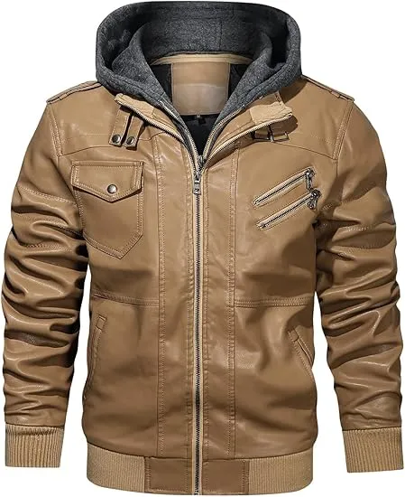 🧥 Men’s Casual Stand Collar PU Faux Leather Motorcycle Jacket with Removable Hood