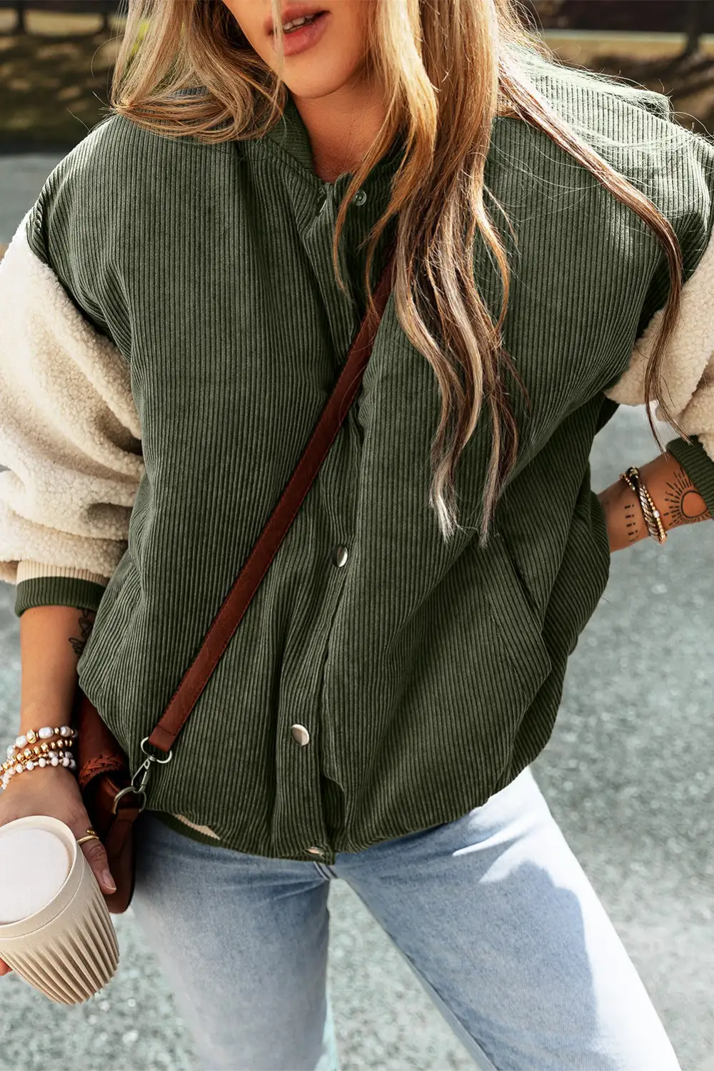 Mist Corduroy Fleece Patchwork Button Bomber Jacket