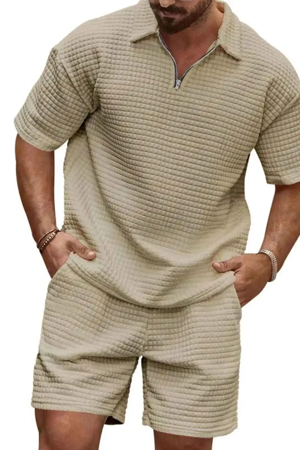 Zip Collar Short Sleeve Top and Shorts Set