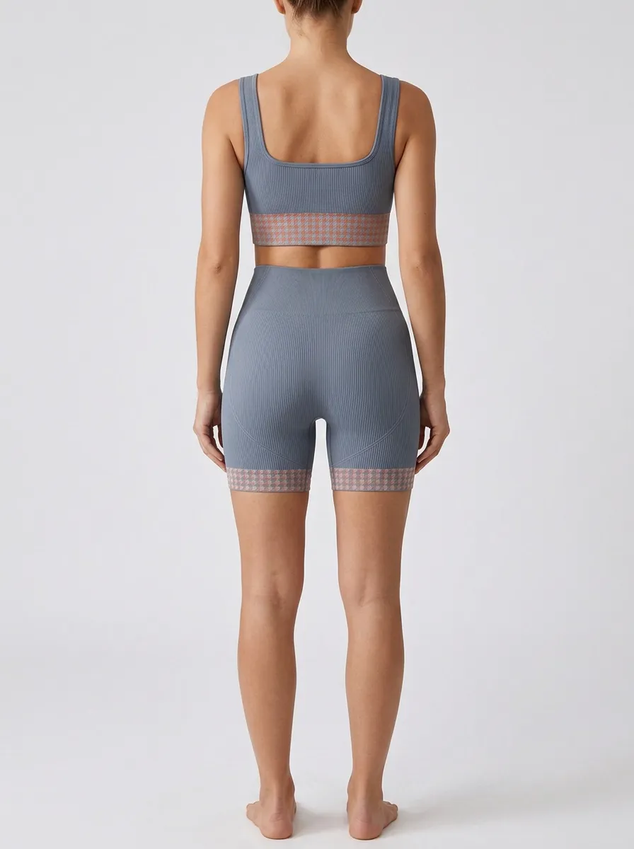 Women's Houndstooth Ribbed Sports-Bra Tank and Shorts Active Set