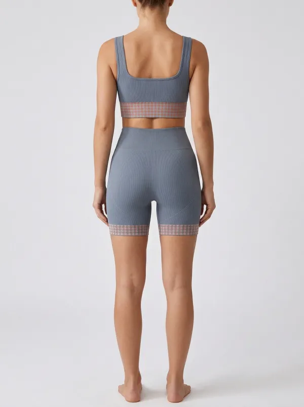 Women's Houndstooth Ribbed Sports-Bra Tank and Shorts Active Set