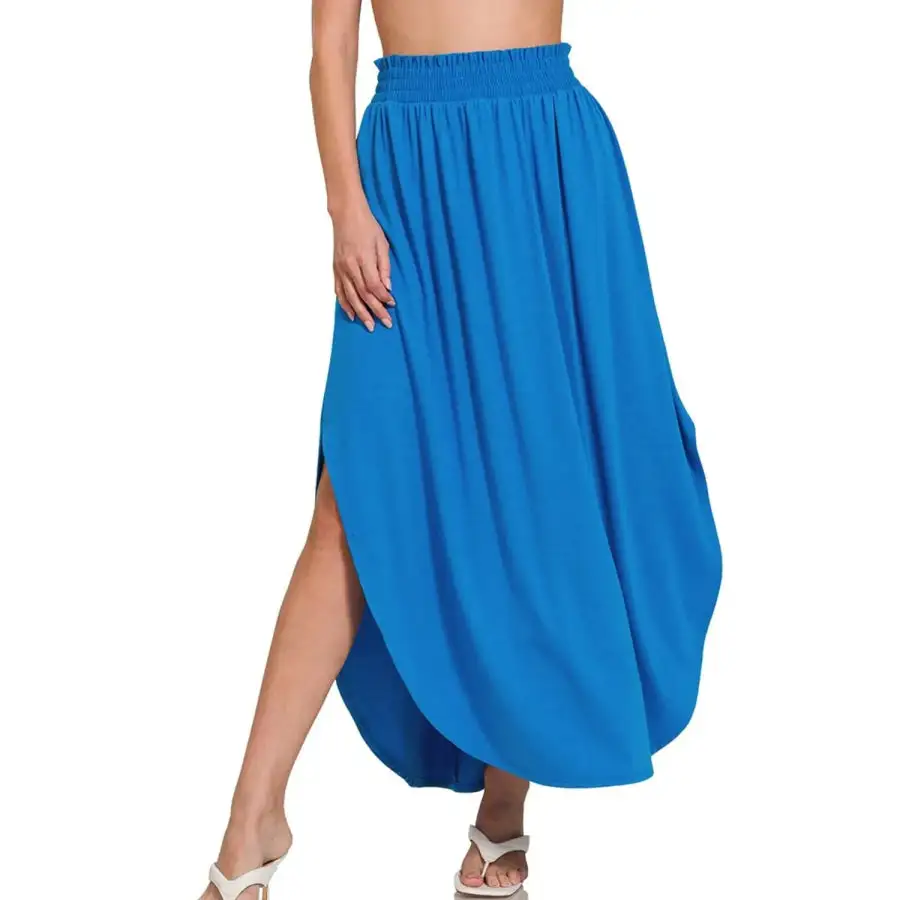 Smocked Waist Side Slit Maxi Skirt with Pockets