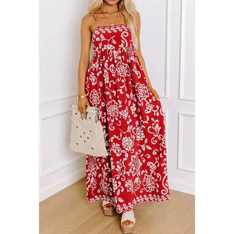 Relaxed Floral Printed Spaghetti Strap Empire Waist Maxi Dress