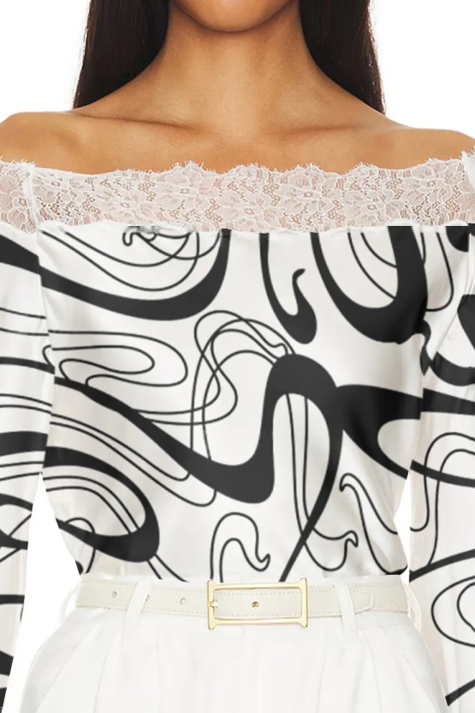 Abstract Print Lace Trimmed Off Shoulder Top