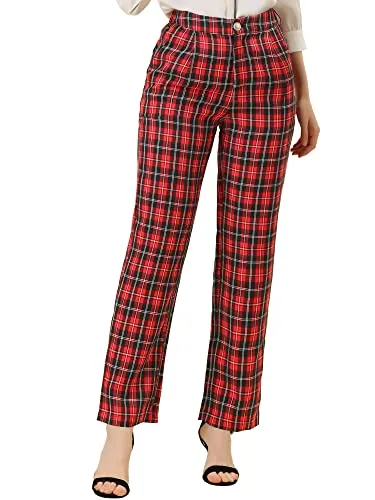 Women's Plaid Pants Elastic Waist Casual Work Office Long Trousers