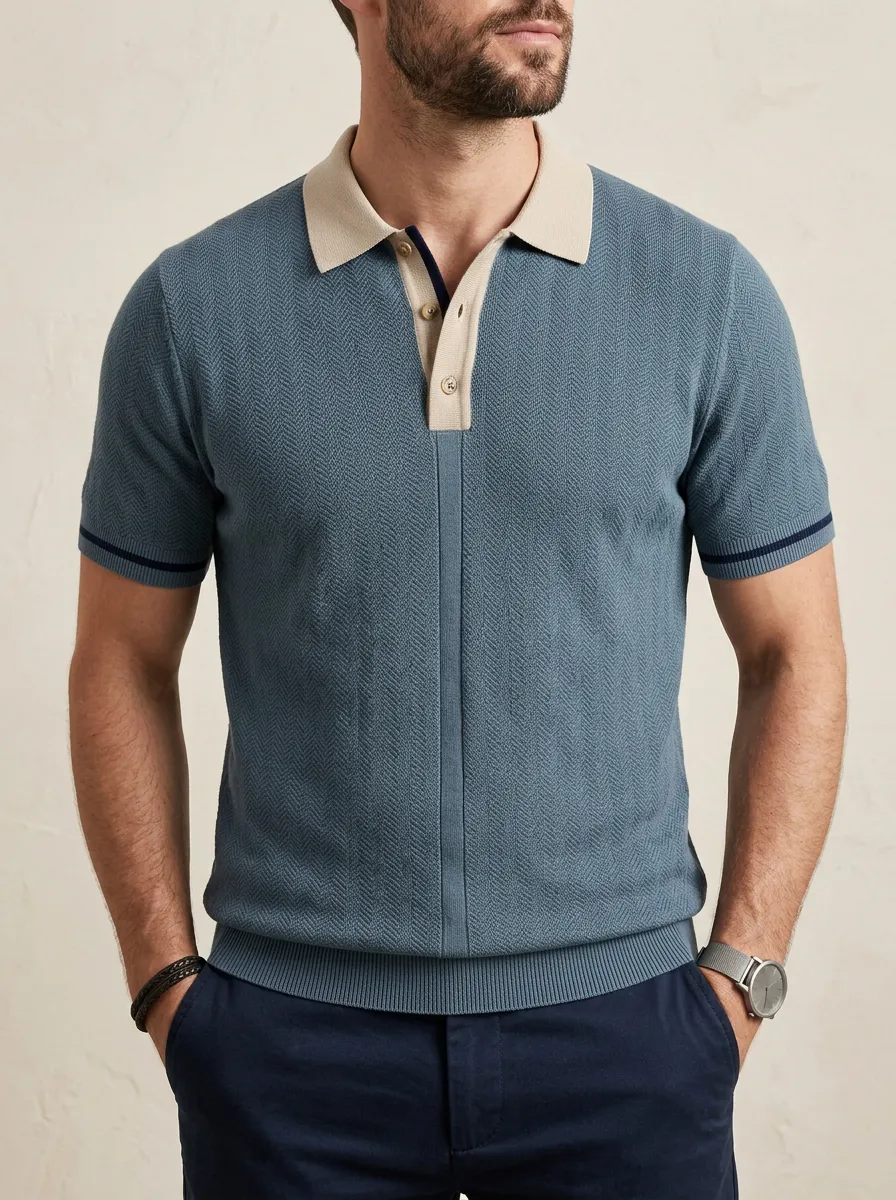Men's Vintage Herringbone Pattern Knit Polo Shirt