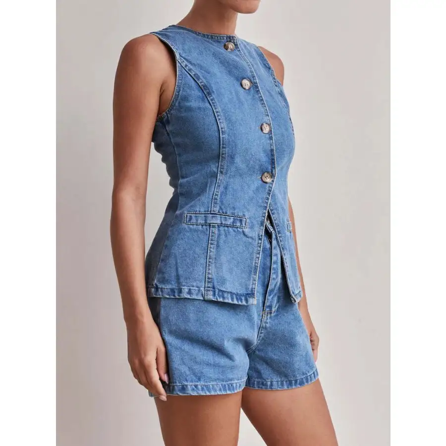 Relaxed Button Down Vest and Shorts Denim Set