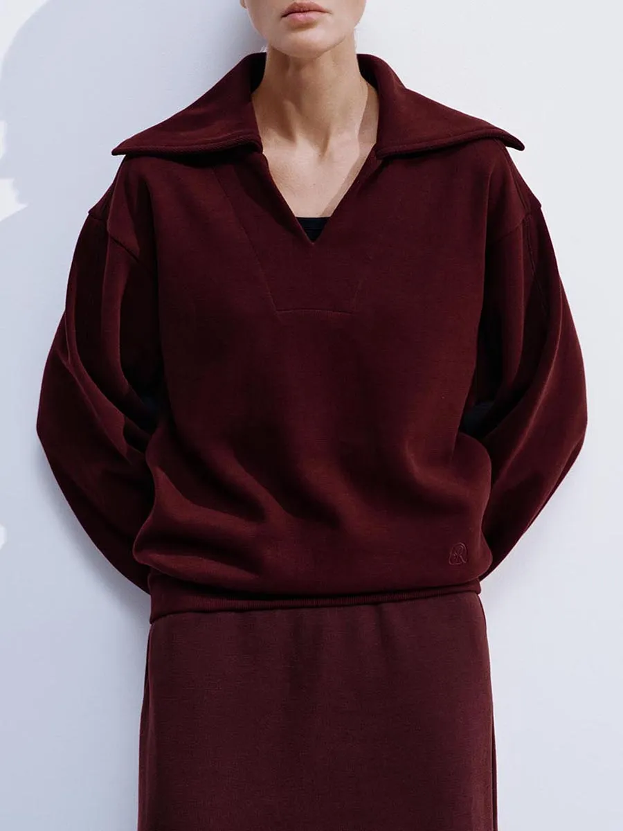 A Light Drak Red V-Neck Casual Sweatshirt For Ladies