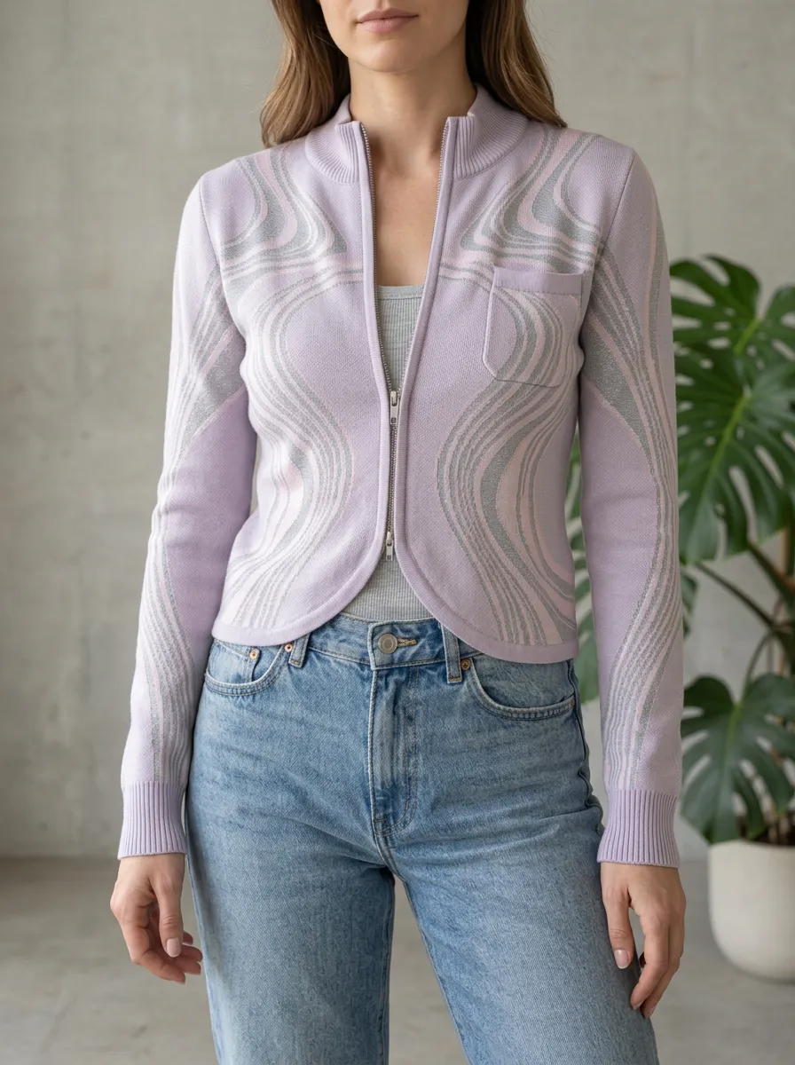 Women's Lavender Abstract Swirl Printed Zip-up Cardigan
