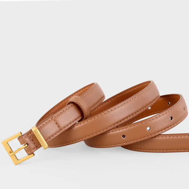 Everyday Leather Skinny Belt with Golden Buckle