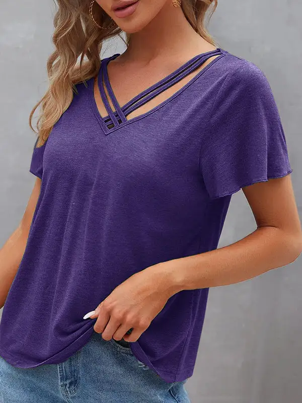 Relaxed Curve Fit Cutout Panel Detail V-Neck Polyester T-Shirt