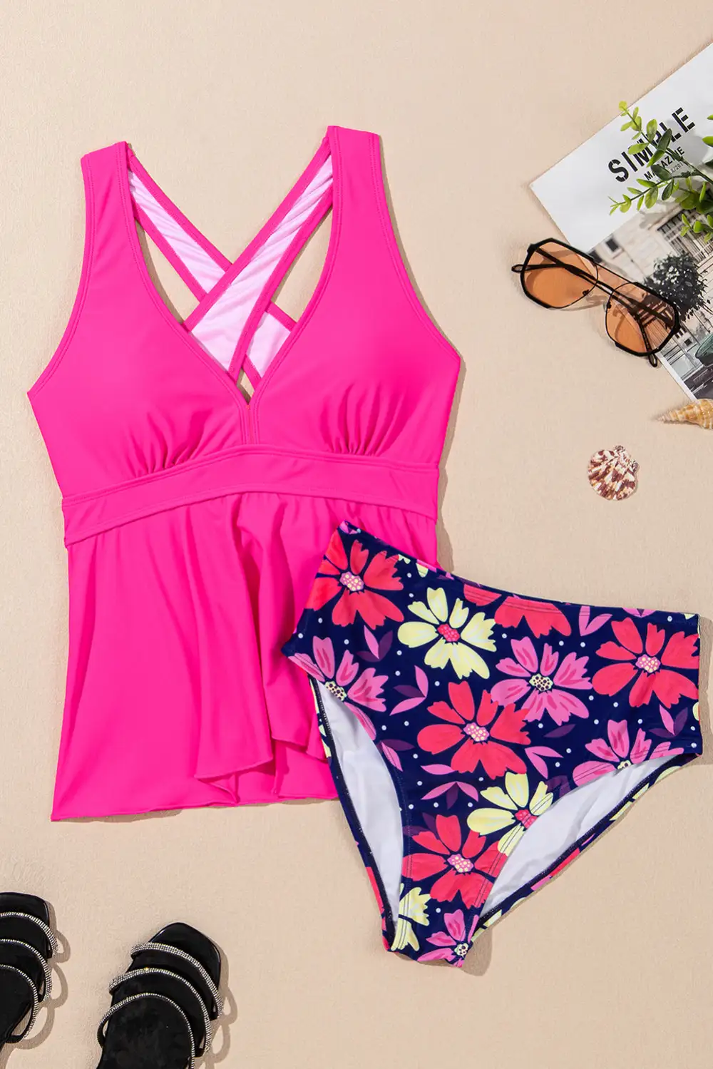 Neck Ruffled Hem Floral Tankini Set