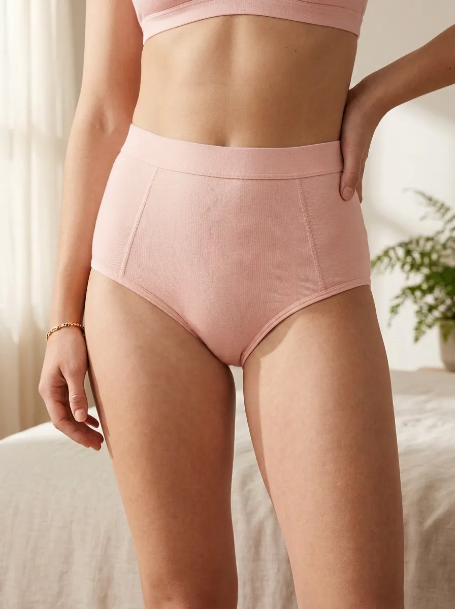 Women's Home Comfort Beige Ribbed High-Waisted Printed Panties