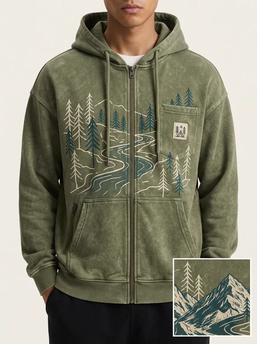 Men's Outdoor Camping Mountain Forest Printed Zip Up Hoodie