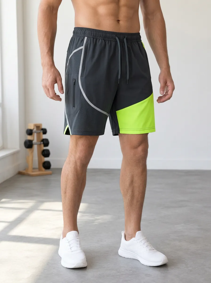 Men's Gym Fitness Neon Green Colorblock Zipper Pocket Athletic Shorts