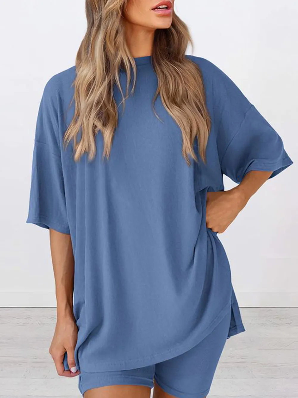 Women'S Summer Two-Piece Set 2025 Casual Oversized Shirts Biker Shorts Matching Airport Travel Outfit Split Hem Lounge