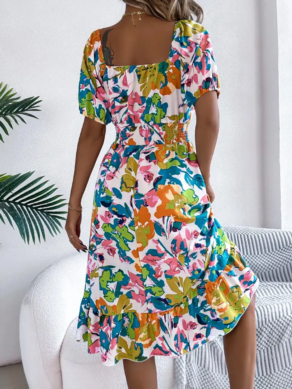 Textured Ruffle Trim Smocked Dress