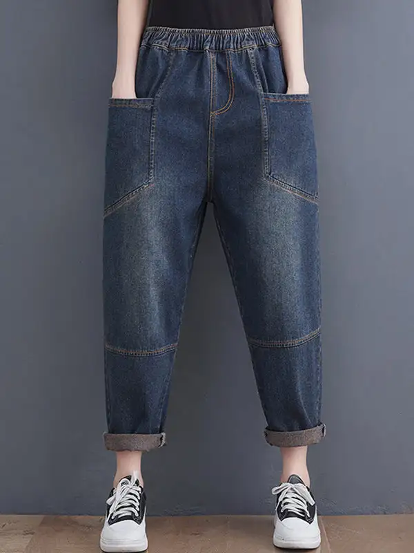 Artistic Retro Relaxed Fit Elastic Waist Jeans