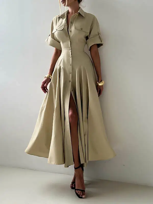 Lapel Buttoned Sleeve Shirt Maxi Dress