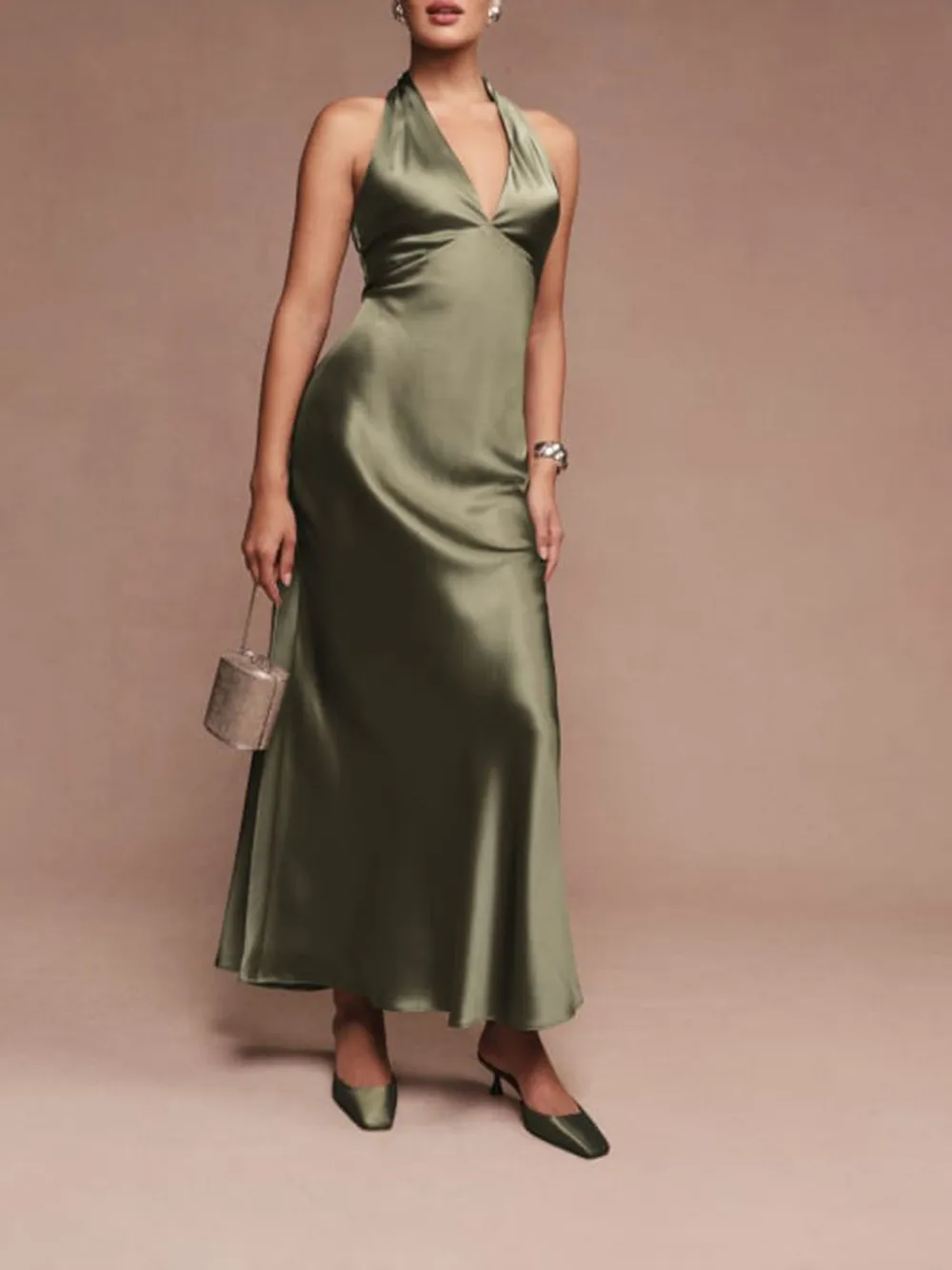 Halter Neck Satin Maxi Dress
