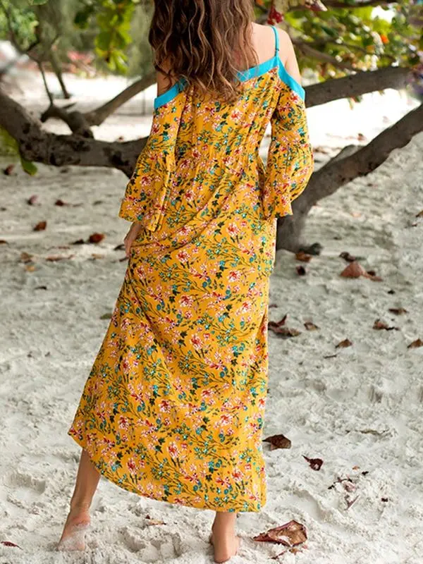 Boho Off-the-shoulder Strap Long-sleeved Printed Dress Beach Casual Holiday Long Dress