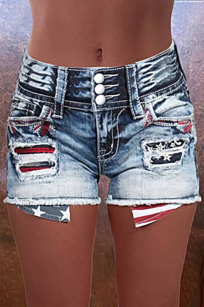 American Flag Patched Button Fly Raw Hem Denim Shorts