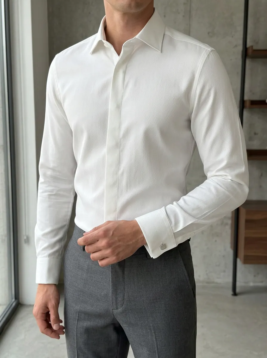 Men's Business Formal Solid White Slim Fit Dress Shirt