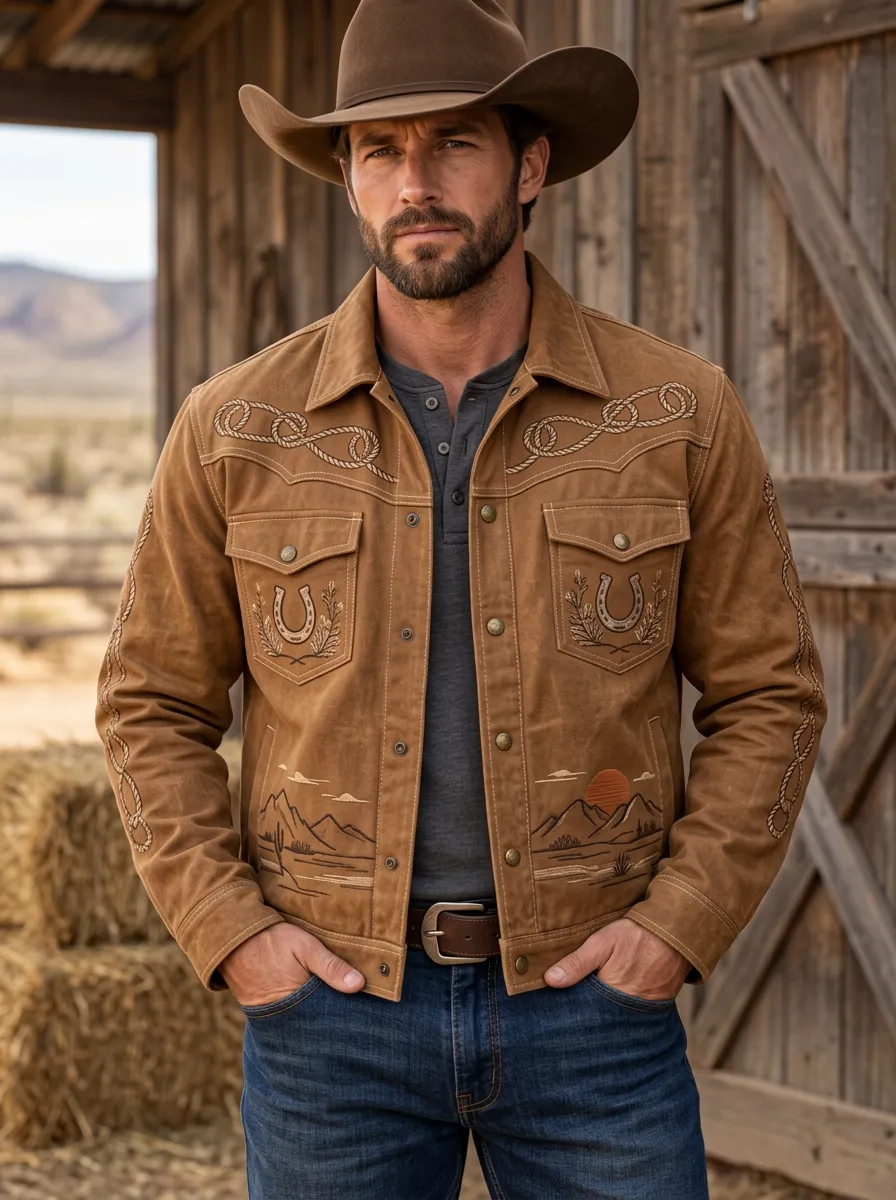 Men's Western Cowboy Horseshoe Horse Desert Landscape Jacket