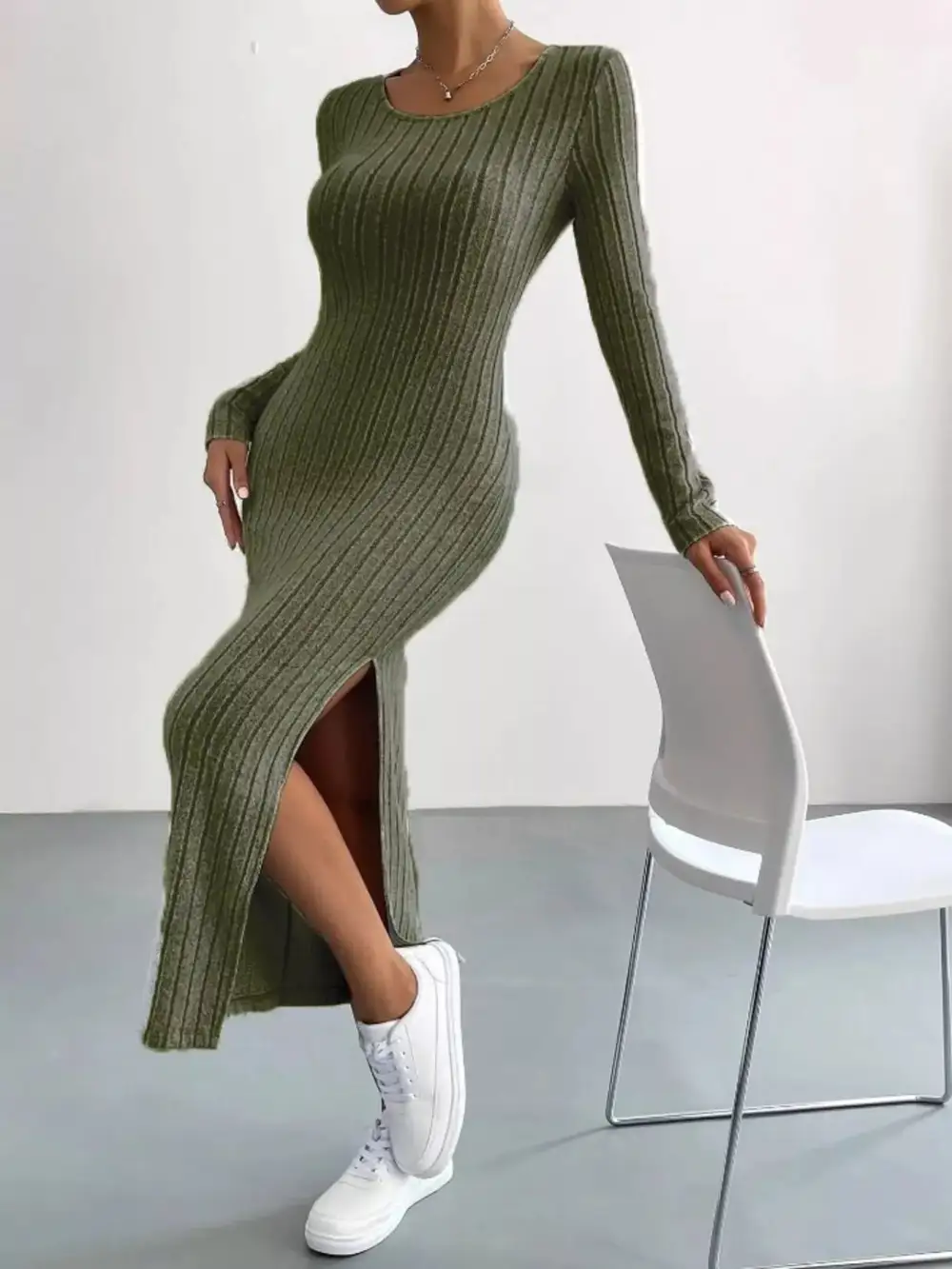 Textured Detail Ribbed Knit Midi Dress
