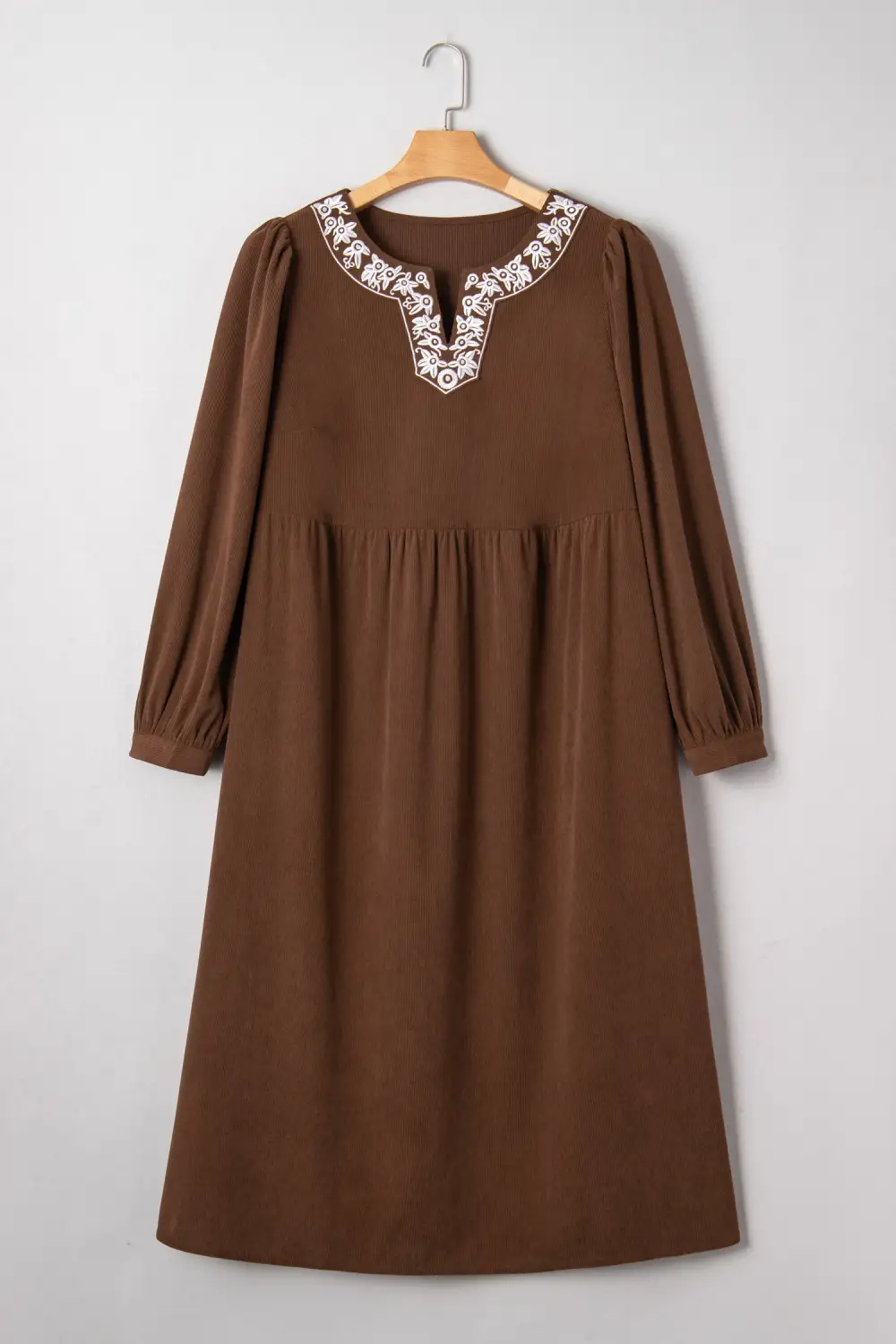 Embroidered Split Neck Pleated Midi Dress