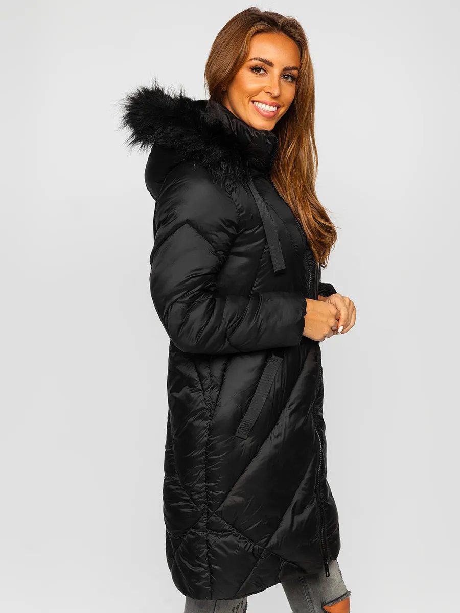 women's black quilted winter jacket with hood