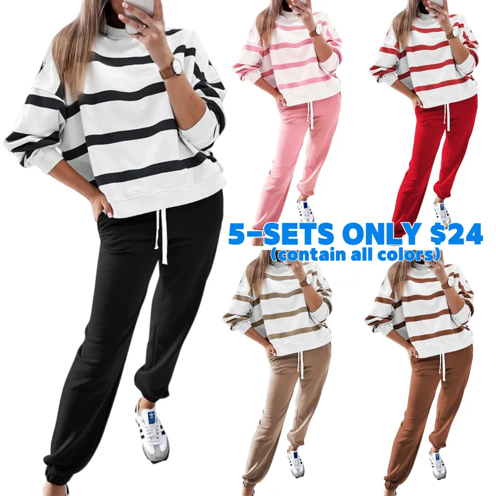 Women's Striped Two Piece Outfit Long Sleeve Drop Shoulder Pullover Tops & Jogger Pants
