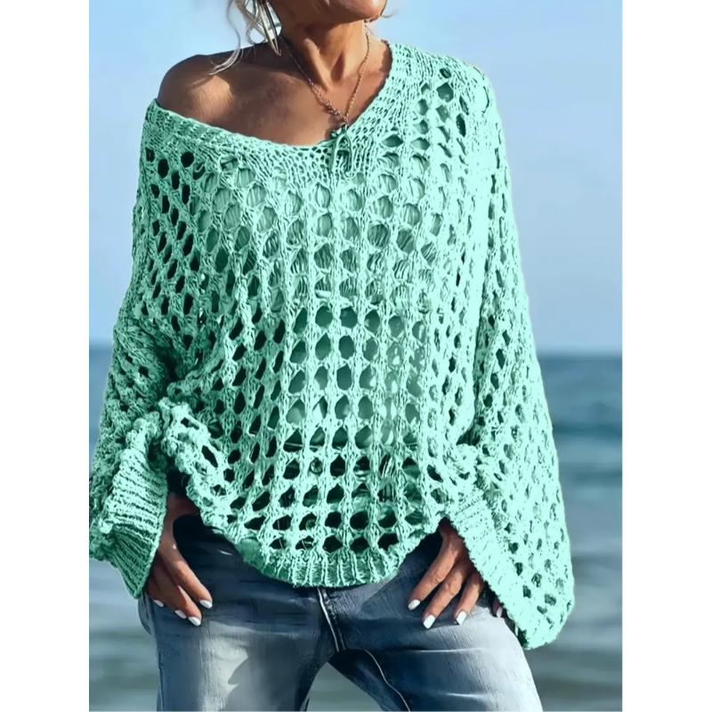 Women's Casual Loose-Fit V Neck Top - Hollow Out Design