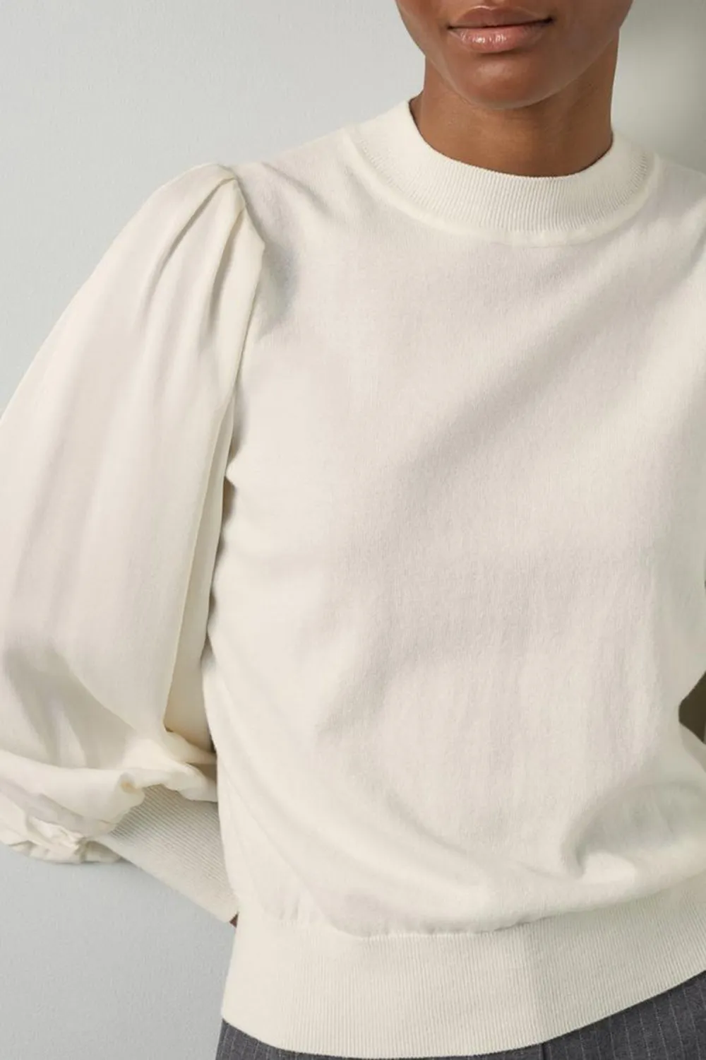 White Puff Sleeve Mock Neck Knit Sweater