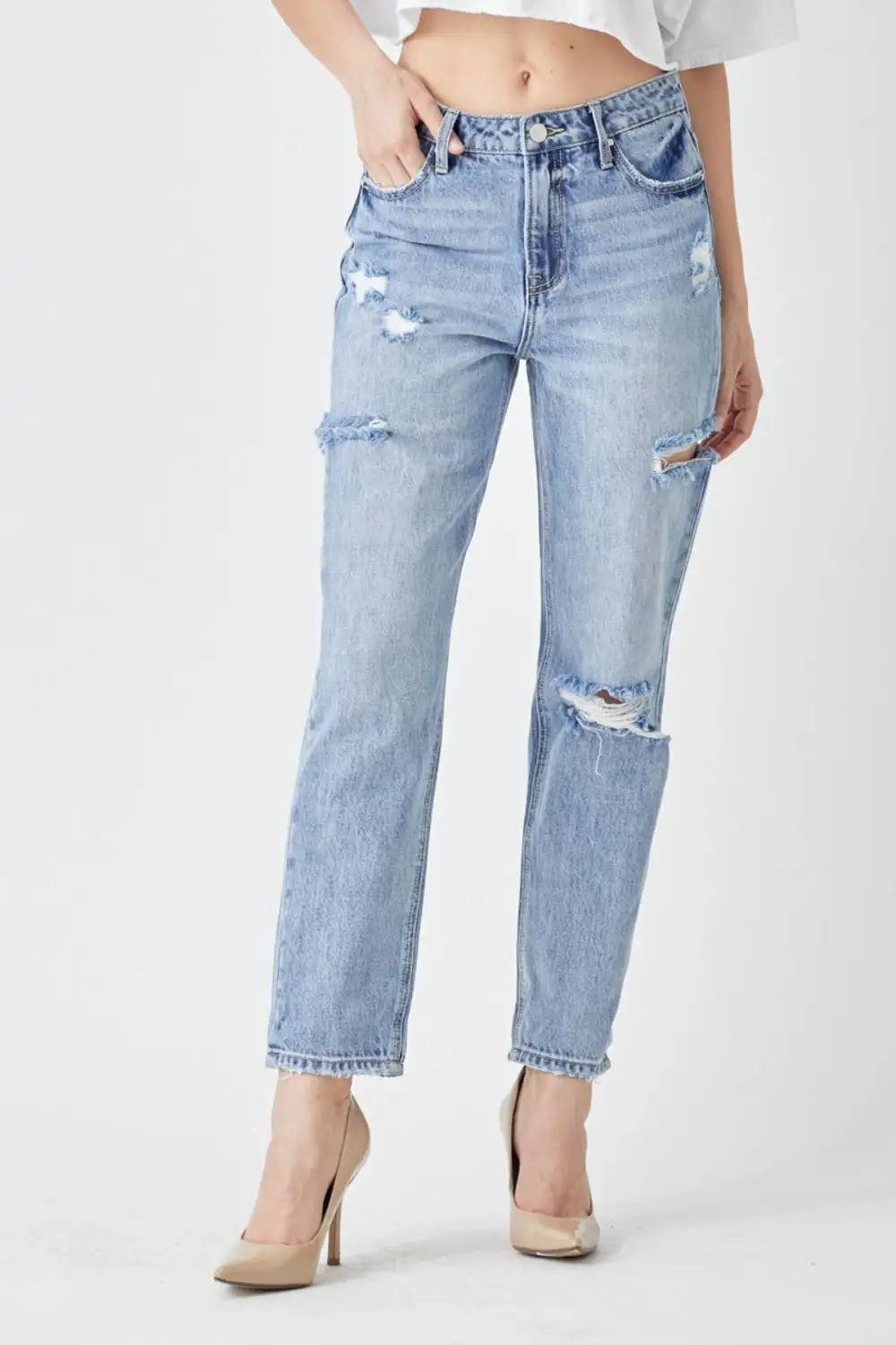 Contoured Distressed Denim Jeans