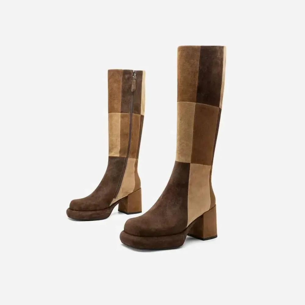 Faux-Suede Zip-Up Patchwork Round-Toe Knee-High Boots